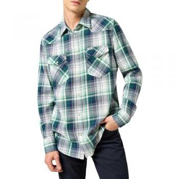 Camisa Western de Manga Larga Wrangler para Hombre en Verde y Azul, Fit Regular