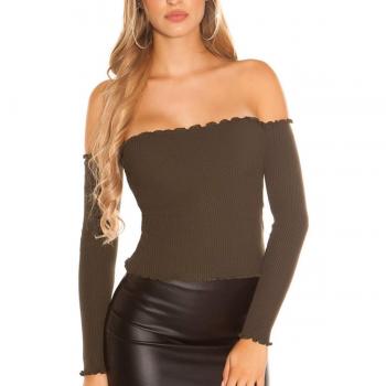 Langarm-Rippshirt mit Rüschen, Modell Carmen