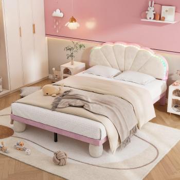 Merax Cama Tapizada 140x200 – Terciopelo Beige/Rosa, Cabecero Ondulado, Pies Redondos y LED Integrado