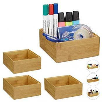 Contenitori Impilabili in Bambù, Set di 4, per Bagno e Cucina, Dimensioni 6,5 x 15 x 15 cm