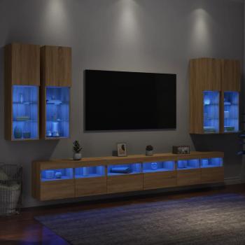 Ensemble de meubles TV suspendus 7 pcs et éclairage LED chêne sonoma