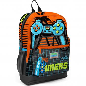 High-Grade Coral Kid's Gamer Backpack, Gray & Orange with 4 Pockets