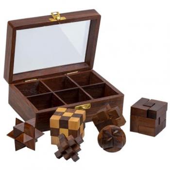 WANDERLUST DECO Juego de 6 Juegos de Rompecabezas en Caja de Madera marrón 17.5x12x6