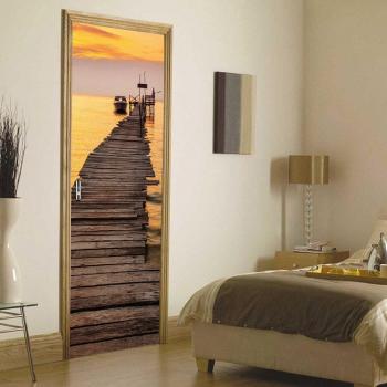 Stickers de porte décoratifs, Dock en bois, coucher de soleil, lac doré, pour chambre et salon