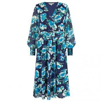 Elegant Blue Mesh Wrap Dress with Long Sleeves – Size 14 UK