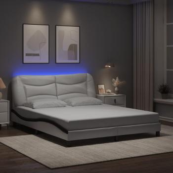 Estructura de Cama con Luces LED Cuero PE Blanco Negro 160x200 Cm