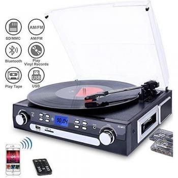 DIGITNOW! Vinyl Record Player, Bluetooth Turntable with Stereo Speakers, Turntable for Vinyl to MP3 with Cassette Play, AM/FM Radio, Remote Control, USB/SD Encoding, 3.5mm Music Output Jack