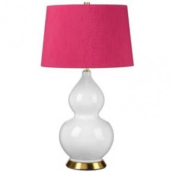 LICHT-ERLEBNISSE Tischlampe Keramik Stoff E27 64 cm hoch in Weiß Pink Messing Antik rund Retro Design