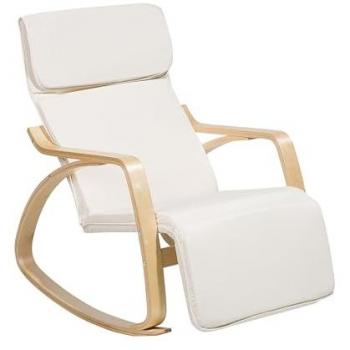 Sedia a Dondolo in Tessuto Beige con Poggiapiedi Regolabile in Legno di Betulla
