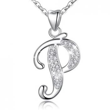 Collier Argent 925 Pendentif Initial Lettre P avec Zircon Cubique, Chaîne 46cm