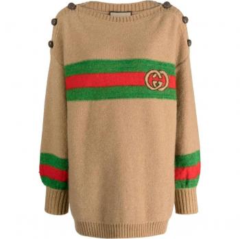 Gucci Women's Interlocking G Patch Round-neck Knit Jumper, Brown, Wool, Size XS