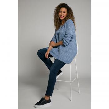 Maglione con scollo a tunica e bottoni, svasato, Donna, Blu, Taglia 52/54, Cotone/Fibre sintetiche/Poliestere