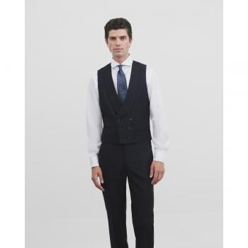 Chaleco estilo traje masculino azul marino, material stretch y cuello redondo