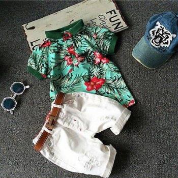 Toddler Boys Short Sleeve Flower Top and White Distressed Shorts Set