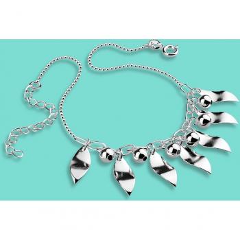 Genuine Silver Chain Leaf Pendant Ankle Bracelet for Women