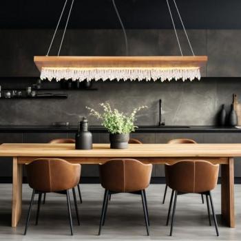 Lampada a Sospensione LED in Legno con Cristalli, 25W 1546 Lumen Warm Bianco, Stile Country per Tavolo da Pranzo
