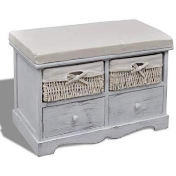 Contemporary White Storage Bench with 2 Weaving Baskets and 2 Drawers