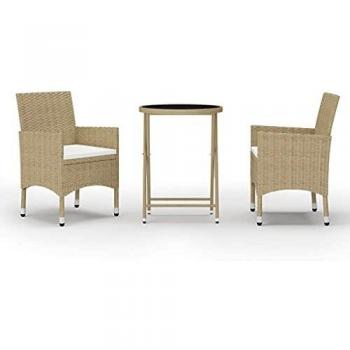 3-Piece Garden Bistro Set in Beige Poly Rattan with Tempered Glass