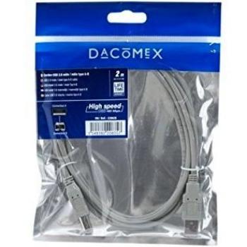 Câble USB gris de 2 mètres avec connexion USB-A à un côté et USB-B à l'autre, compatible avec les normes USB 2.0