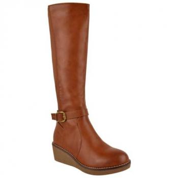 Tan Wide-Calf Wedge Heel Knee-High Boot – Ayleen, 8E, Elastic Panel
