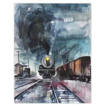 Gloomy Railway Arrival Art – Blue Watercolor, 24x32