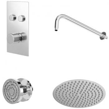 Circo Polished Concealed Push Button Twin Thermostatic Shower Valve with Round Fixed Shower Head and Body Jets | Chrome | Metal | 300mm x 626mm x 140mm