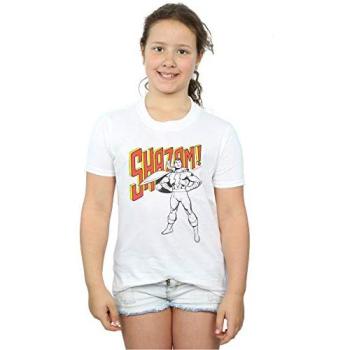 Girl’s Shazam Mono Action Pose Shirt – White – Size 5‑6