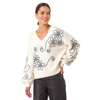 Roman Women's Small Ivory Floral Swirl Knit Top