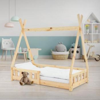 Lit d'enfant Tipi ML‑Design – 70x140 cm – Bois de pin brut – Barrière sécurisée