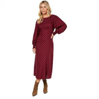 Petite Berry Polka Dot Shirred Cuff Midi Dress
