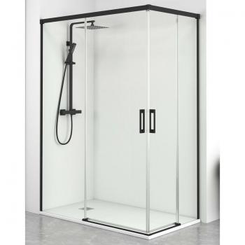 Mampara Ducha 125 cm Angular: Corredera y Paneles Fijos – Cristal Transparente 6 mm, Negro Mate