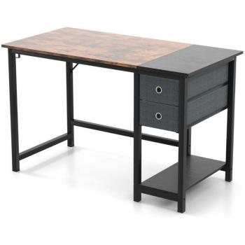 Bureau Moderne 120 cm – 2 Tiroirs – Crochet de Suspension – Étagère Rangement Marron