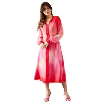 Wallis Women’s Red Midi Chiffon Dress – Animal Border with Zip Front (Size 10)