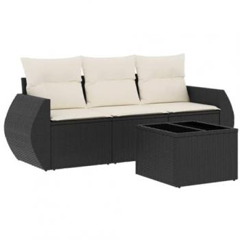 Canapé de patio 4 pcs en résine tressée noire avec coussins