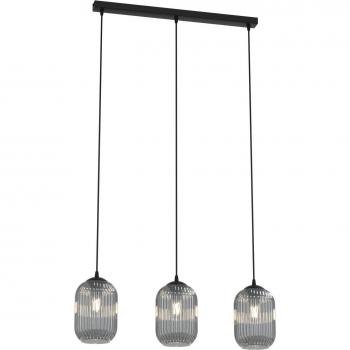 Lampadario 3 Luci Verde Acciaio Nero con Vetri Plissettati Fumè