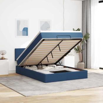 Lit ottoman double : cadre + matelas bleu 140x200 cm, tissu naturel