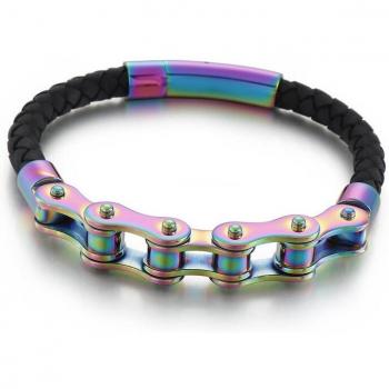 Bracelet en cuir tressé pour homme avec chaîne en acier inoxydable