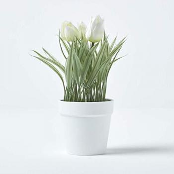 Homescapes White Artificial Tulips in White Decorative Pot