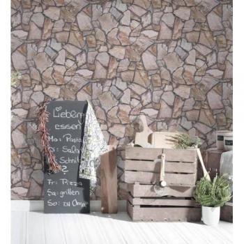 Papel pintado vinílico de muro de piedra con relieve rústico moderno color natural