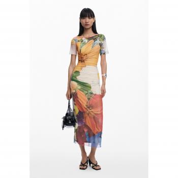 Desigual Tulle Midi con Motivo di Fiori in Arancione