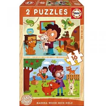 Édition double du puzzle Educa Borrás : Animaux domestiques en bois – 16 pièces