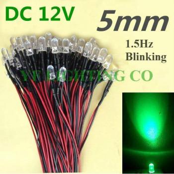 Green Blinking LED 5mm Pre Wired Lights 100pcs