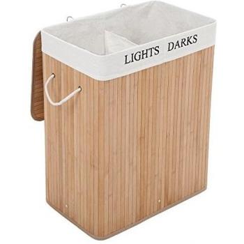 SONGMICS Wäschekorb aus Bambus, 100 L Wäschesortierer mit 2 Fächern