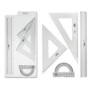 Juego Completo de Escuadra y Cartabón M+R 20 cm, Regla de 30 cm y Semicírculo de 10 cm en Plástico Cristal