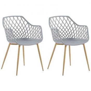 Set of 2 Open Net Back Dining Chairs with Grey Synthetic Seat and Light Wood Metal Legs