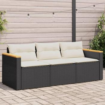Black 3-Seater Patio Sofa with Cushions in Poly Rattan
