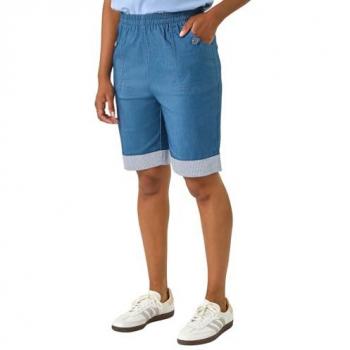 Roman Women's Bengaline Mid‑Blue Turn‑Up Stripe Stretch Shorts, 12