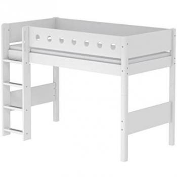 Lit mezzanine FLEXA White 90x200 avec échelle droite, hauteur intermédiaire, blanc