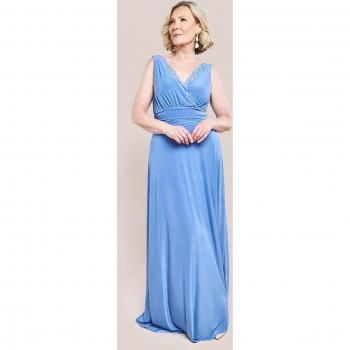 Goddiva Blue Diamante & Scalloped Lace Neck Maxi Dress