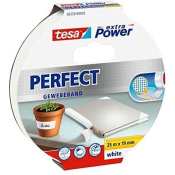 Cinta de tela adhesiva Tesa Extra Power Perfect 25 m x 19 mm, color blanco
